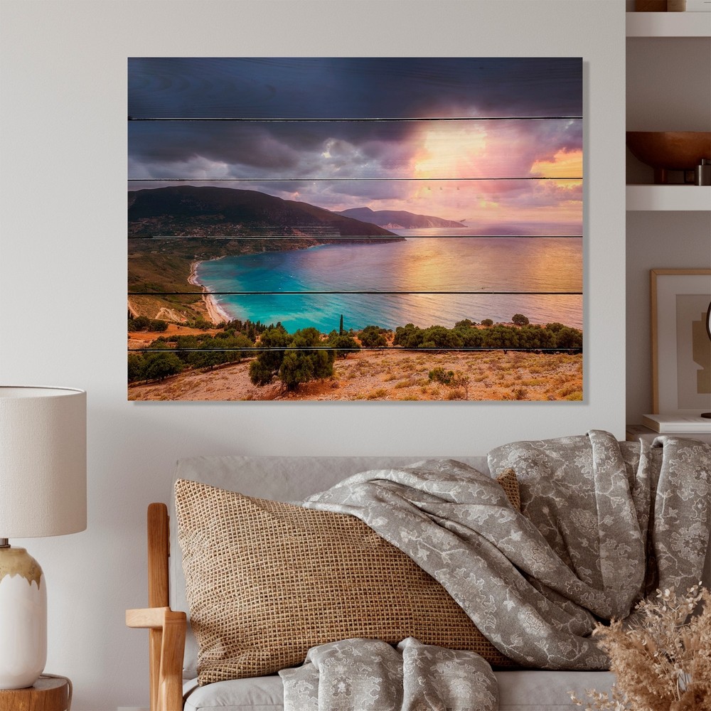 Designart 'Summer Sunset Sea Coast' Nautical & Coastal Wood Wall Art Panels -