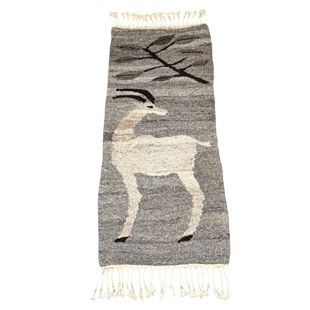 Heavy 100% Wool Hand Woven Antelope Rug Wall Hanging 18x43 Vintage
