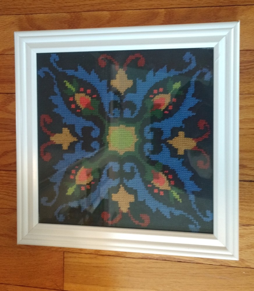 Vintage butterfly kaleidoscope needlepoint framed art 12 inch