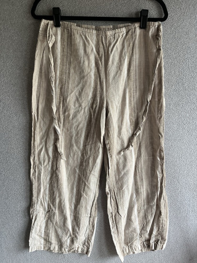 Beach Lunch Lounge Linen Blend Pants Medium Elastic Waist Pockets Womens Belted