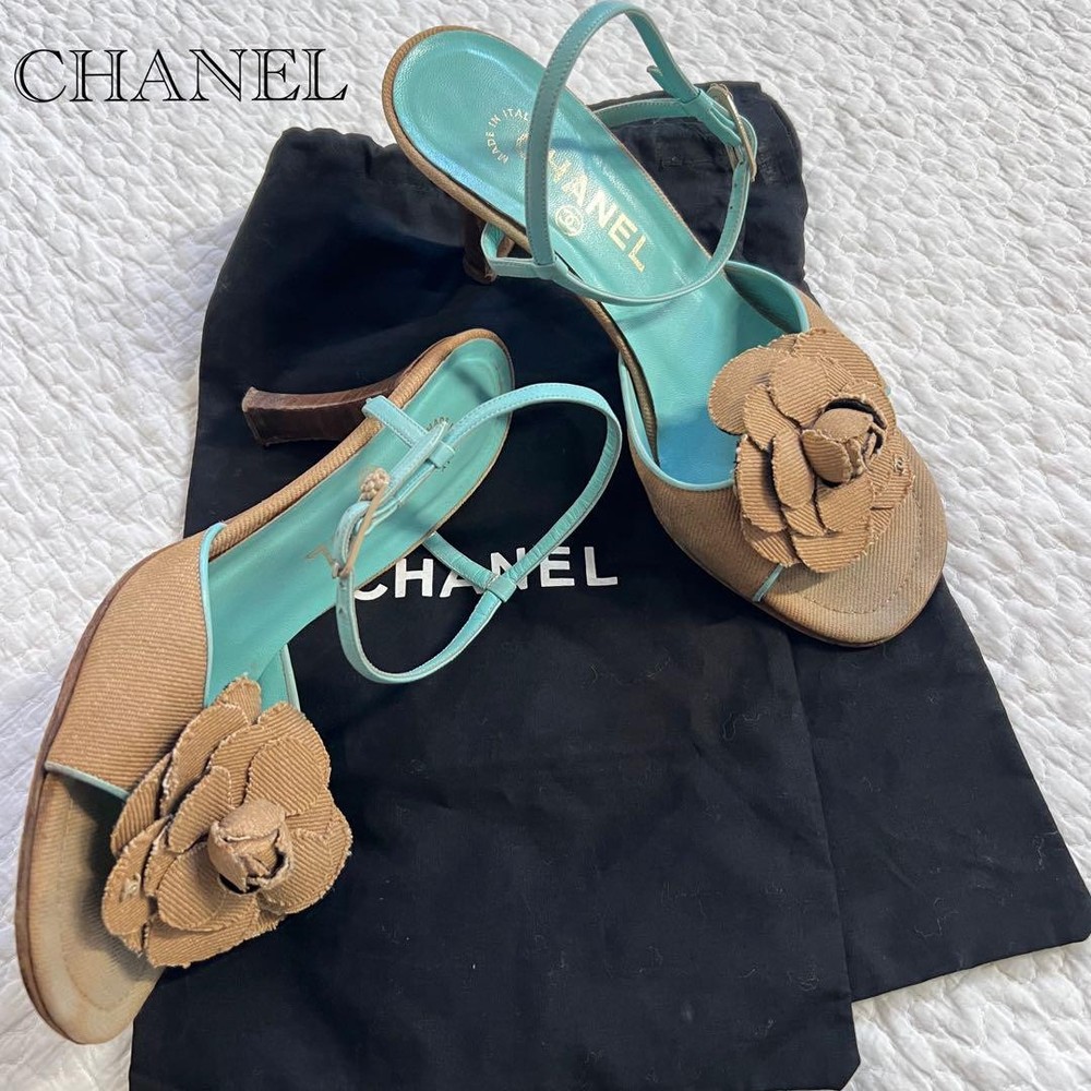 CHANEL Camellia Canvas Pumps Sandals Beige Size 36.5 Authentic Pre-Owned Excellent Condition JPN