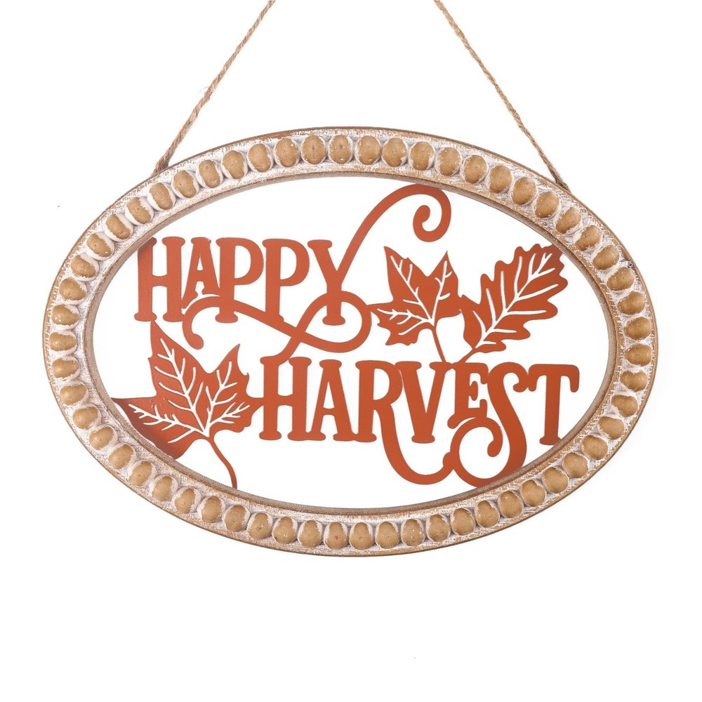 Happy Harvest Sign Farmhouse Autumn Wall Decor Orange Metal Thanksgiving Wall...