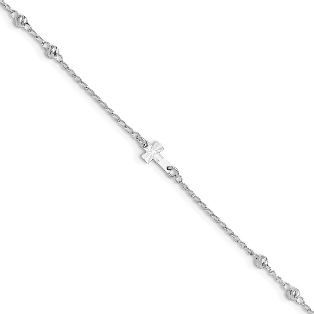 Sterling Silver Rhodium Plated Diamond Cut Beads Cross Anklet 9 Inch with 1 Inch Extension