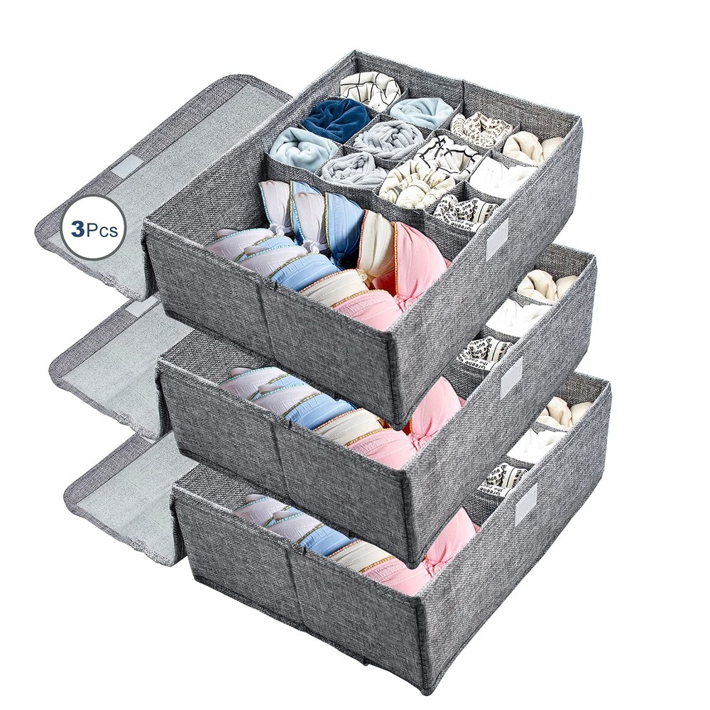 3 Pack Collapsible Underwear Organizer Box with Lid - 13 Cell Storage for Closet