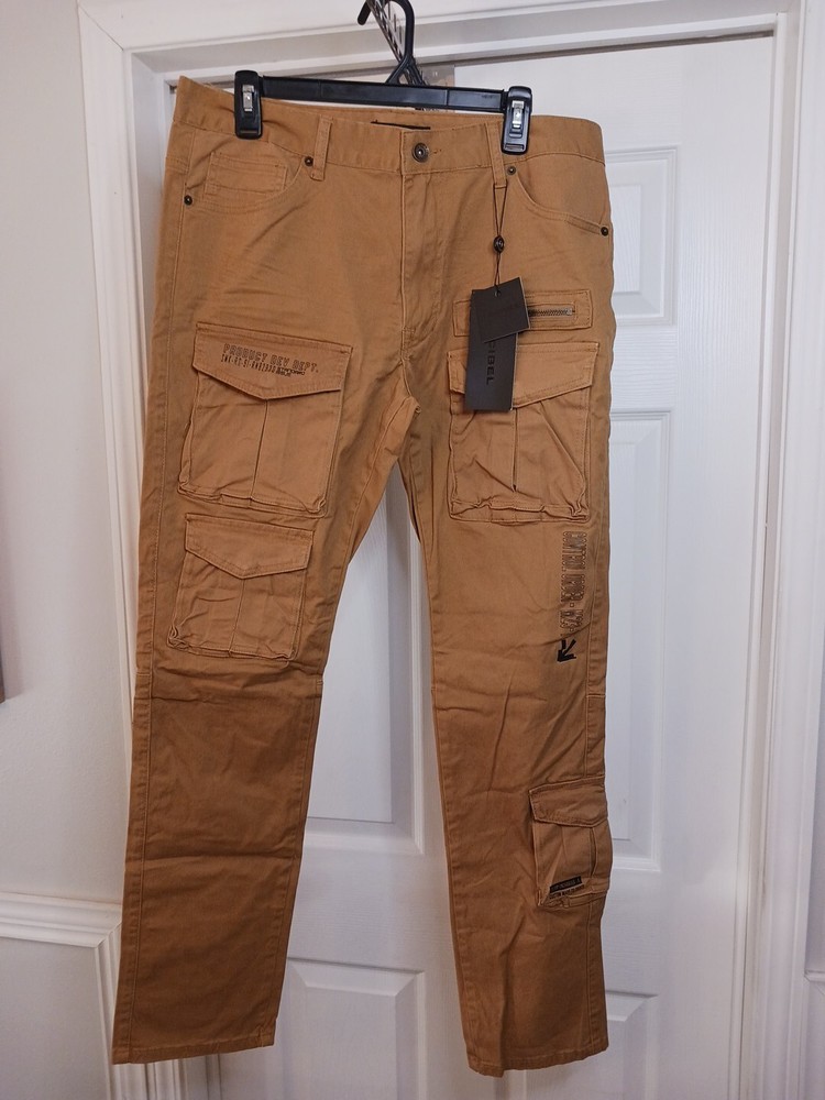 Decibel Cargo Pants Mens 34x32 Wheat/Clay Streetwear Zip Pocket