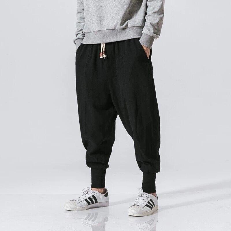 Men's Japanese Sweat Pants Casual Cotton Linen Stretch Elastic Trousers Joggers