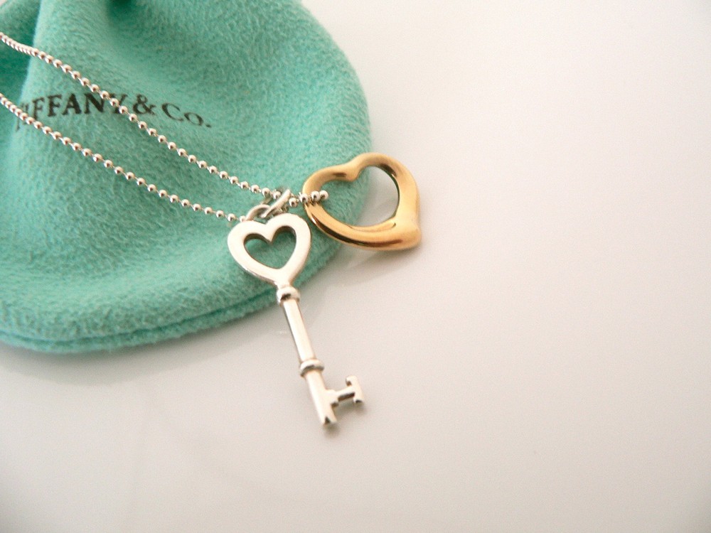 Tiffany Co Silver 18K Gold Open Heart Key Necklace Pendant Charm Chain Gift Love