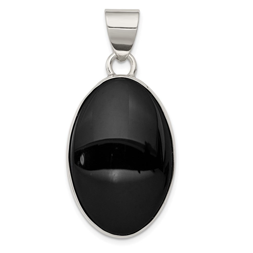 925 Sterling Silver Rhodium-plated Onyx Polished Oval Pendant L-1.66 Inch