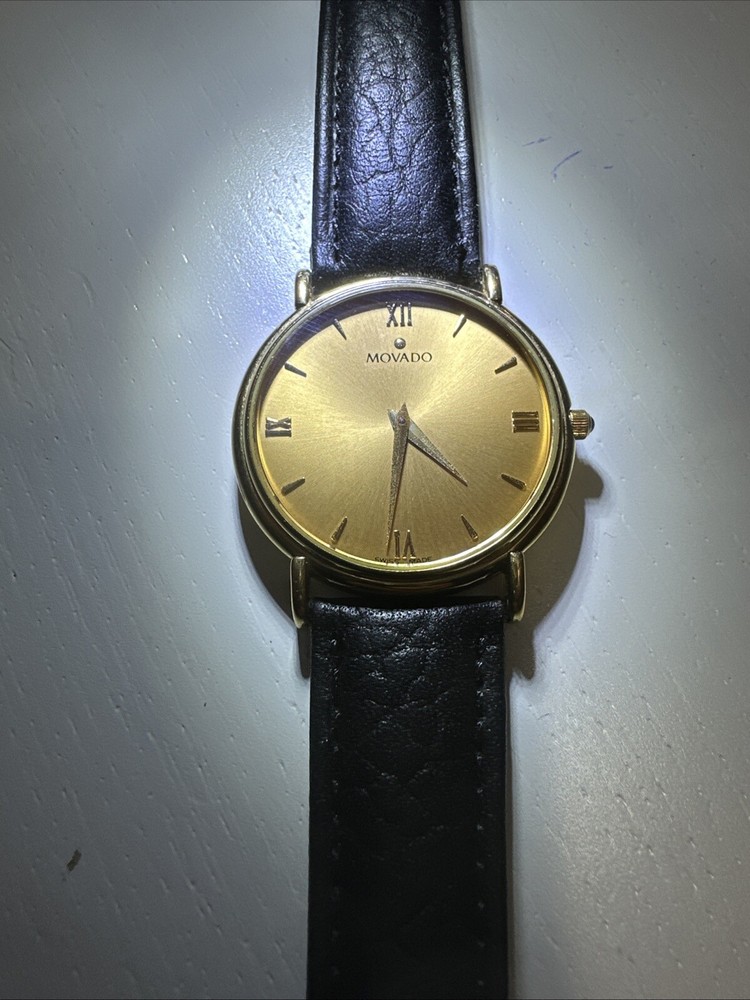 Movado Swiss Sapphire 87-E4-0885 Gold Leather Band Wristwatch