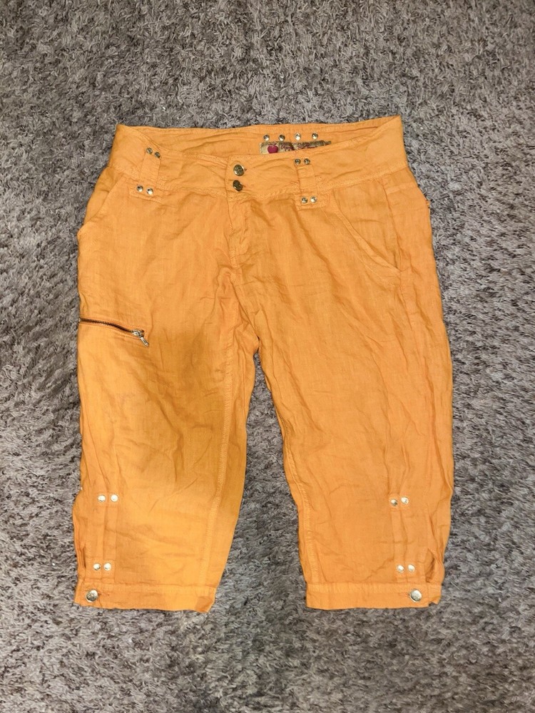 Apple Bottoms Pants Women's Size 9/10 Orange 100% Linen Capris Pockets Logo