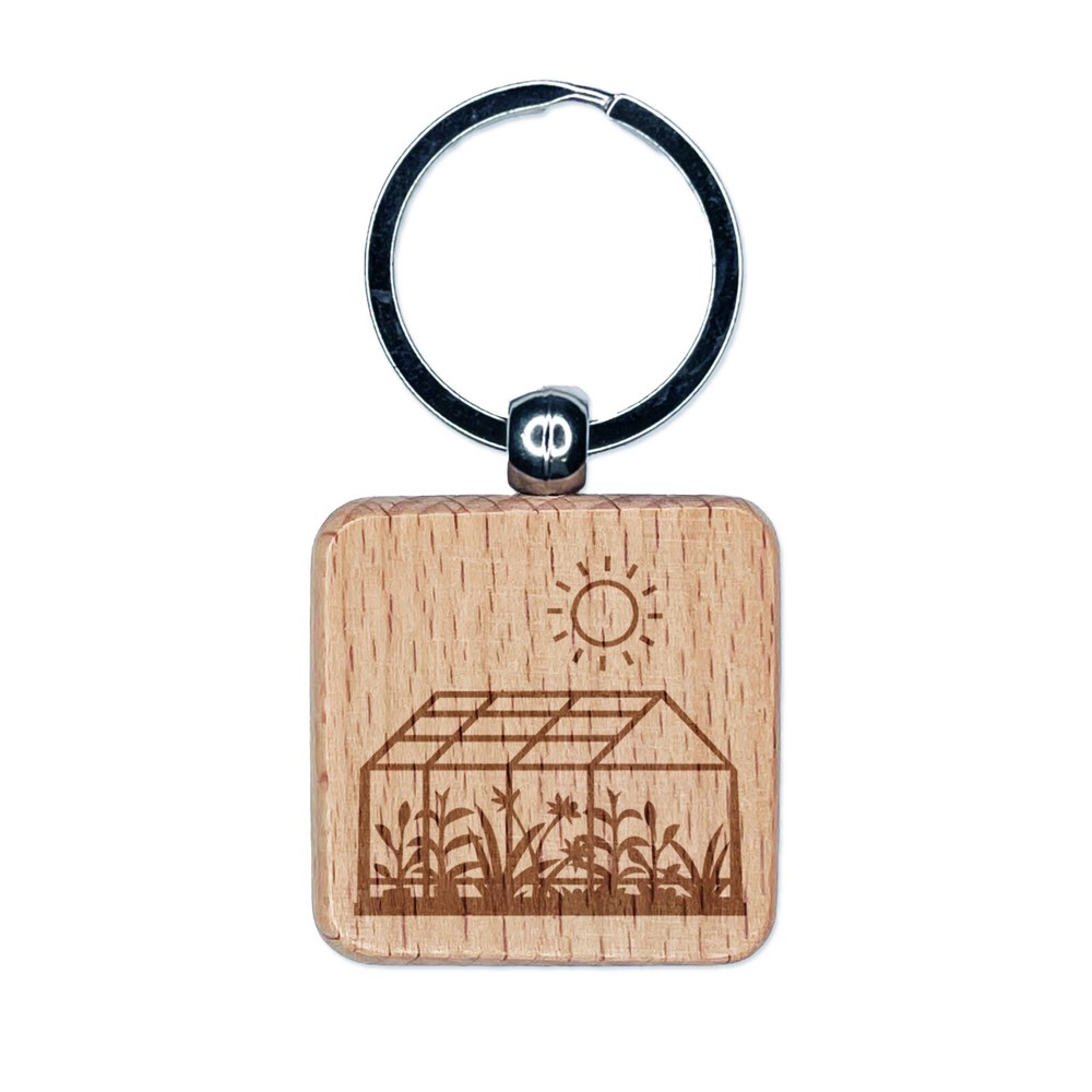 Glass Greenhouse with Sun and Plants Engraved Wood Square Keychain Tag Charm