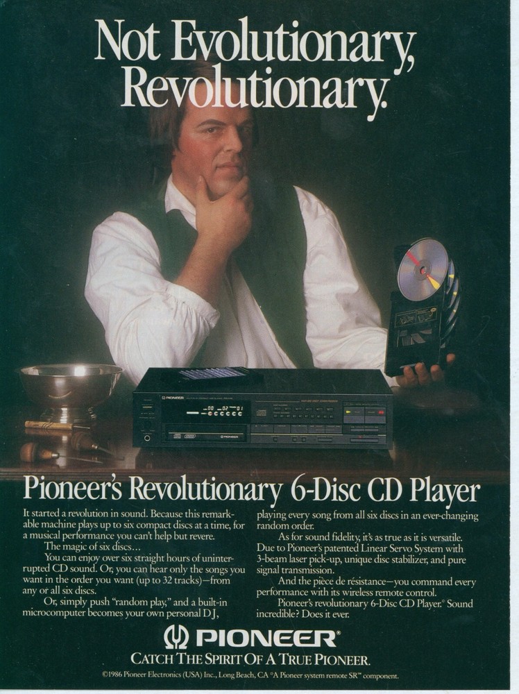 1987 Pioneer Revolutionary 6 Disc CD Player Catch Spirit Vtg Print Ad SI17