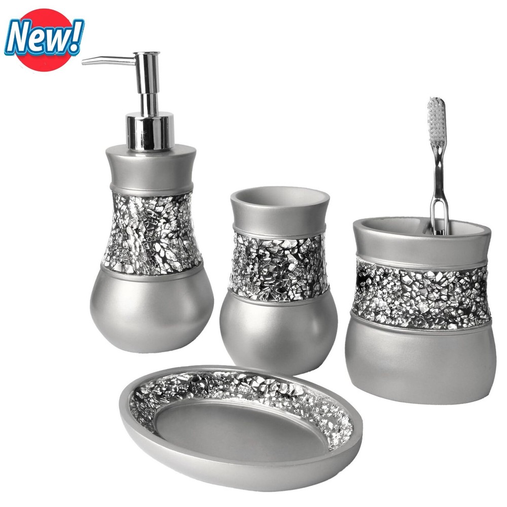 4Pcs Mosaic Glass Silver Bathroom Accessories Set for Home, Bath Restroom Decor