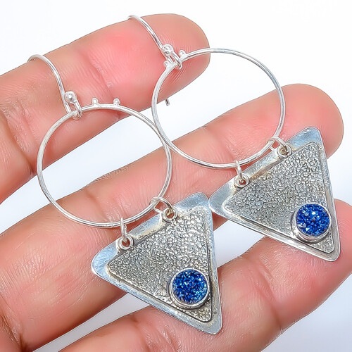 Titanium Blue Agate Drusy Sterling Silver Handmade Earrings 2.42 Inch E7323-98