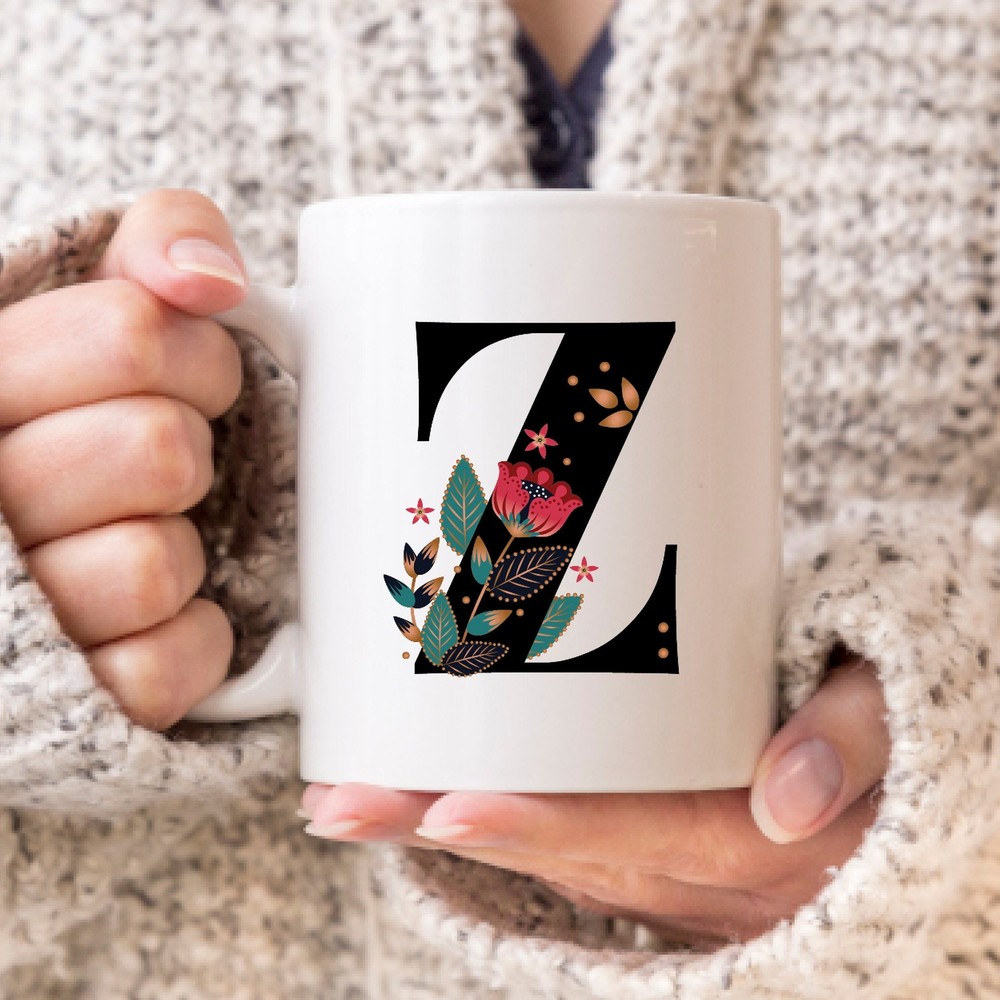 Monogrammed Z Folk Art Coffee Mug Christmas Gift Initial Letter Cup