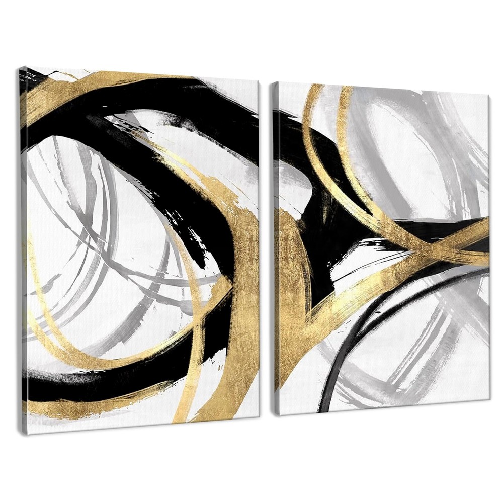 Abstract Black and Gold Wall Art Set of 2 - Modern Black Gold and White Wall ...