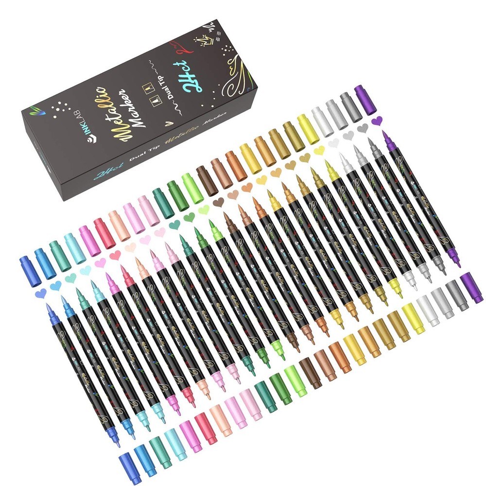 INK LAB 24Pcs Dual Markers Brush Pens Metallic Art Brush Markers Pens for Car...
