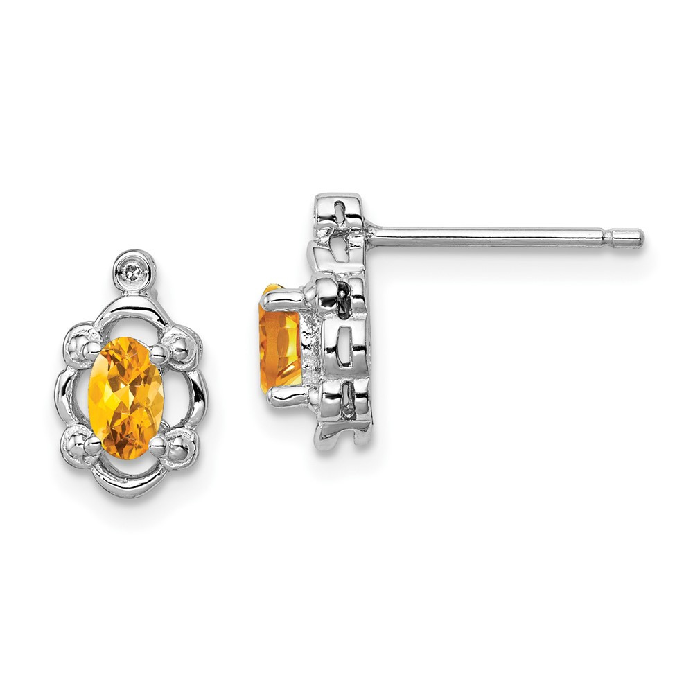 Sterling Silver Rhodium-Plated Citrine Diamond Stud Earrings 1.21gm 10mm