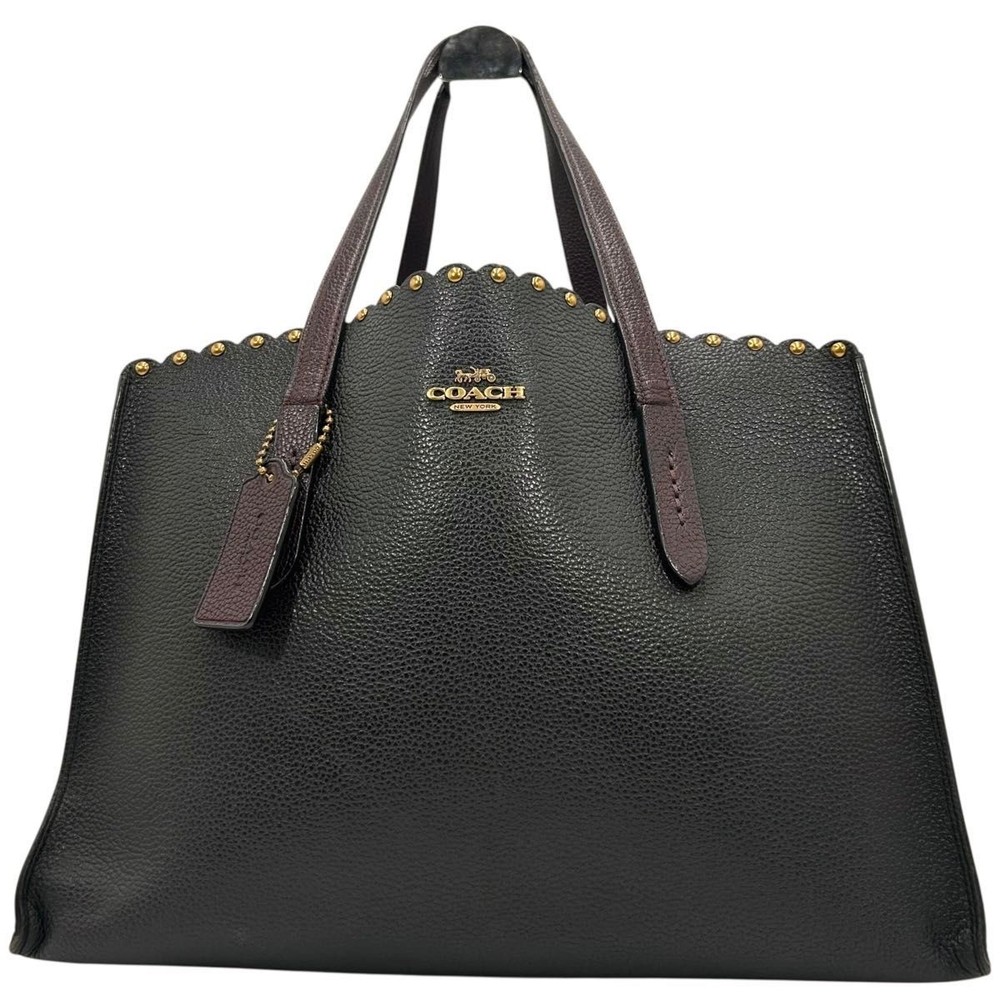 Coach Green and Red Bicolor Leather Tote with Gold Studs and Logo