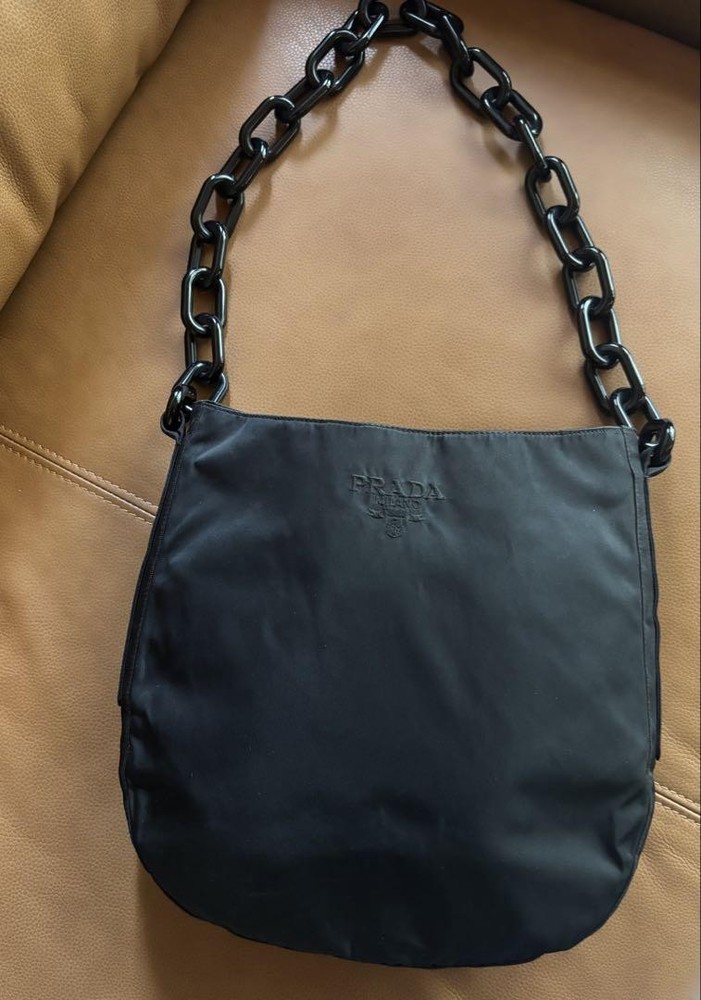 PRADA Black Plachain Shoulder Bag with Embossed Logo - Japan Import