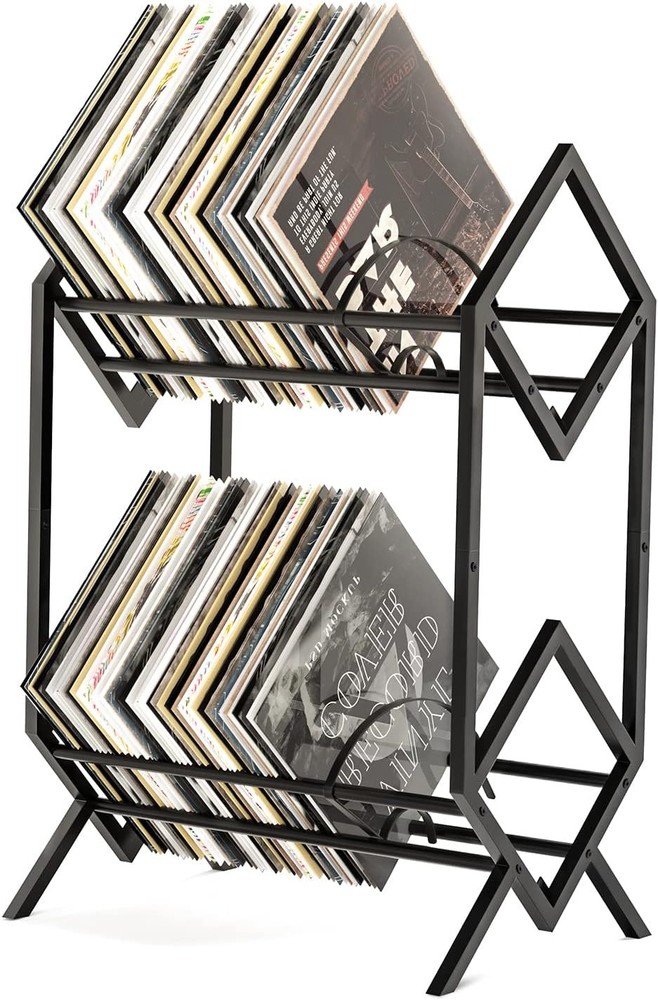 2-Tier Black Vinyl Record Storage Holder for 200 LPs with Dividers