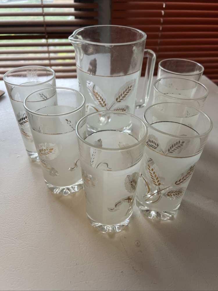 6-Vintage Frosted Silver Leaf Water Tumbler  & Matching Ice Glass Bucket