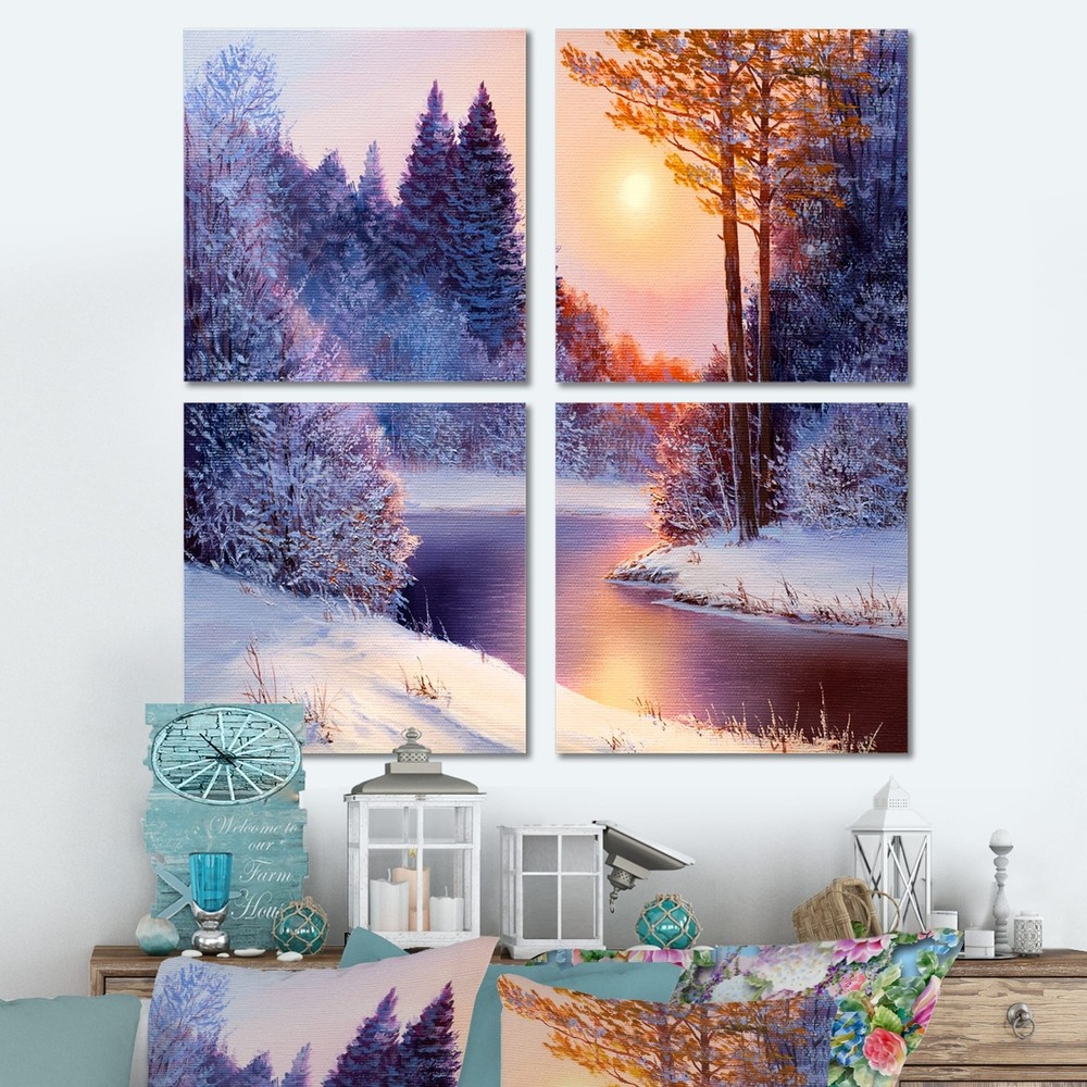 Designart Christmas Forest River Landscape Canvas Art Print