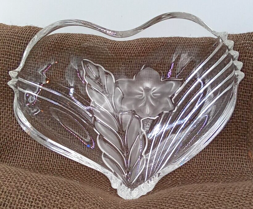 Mikasa Clear Glass Heart Candy Dish with Orchid Leaf Floral Design Made in Germany