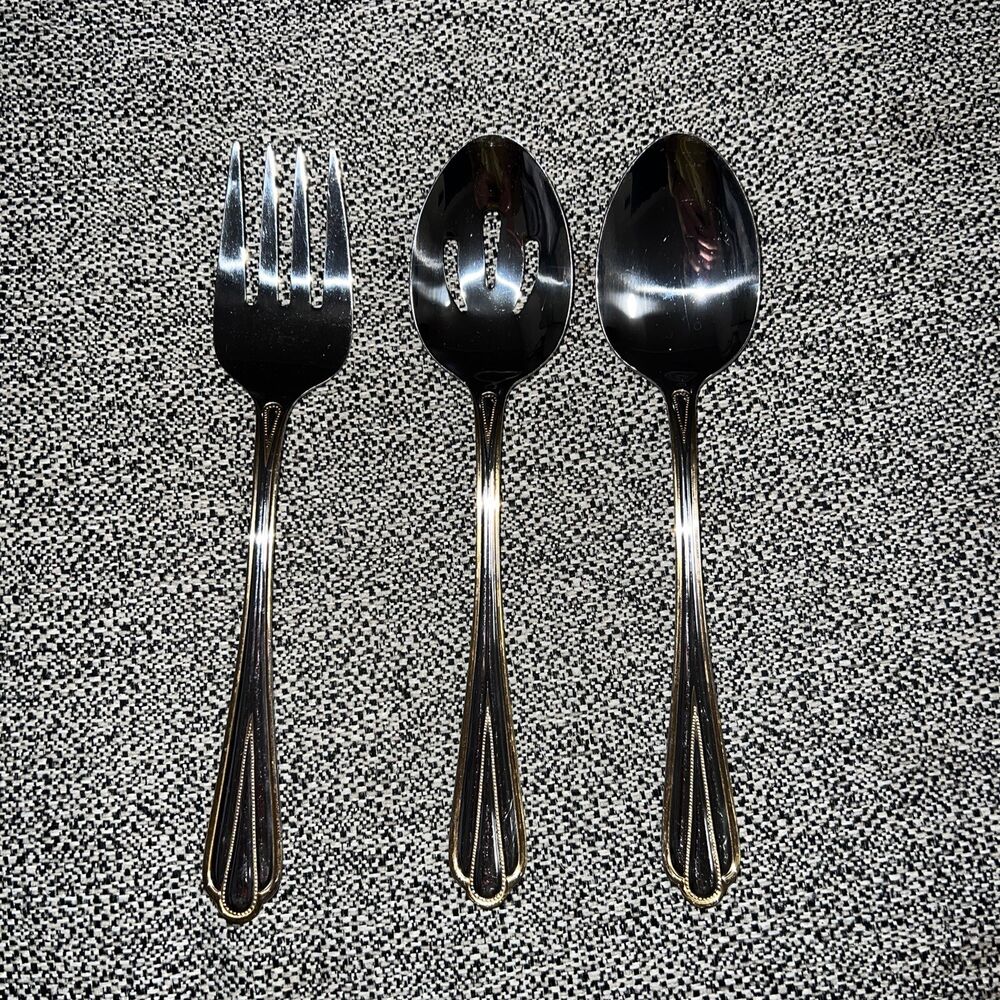 Hampton Silversmiths Set 3 Pieces Gold Trim Stainless China 199 Serving Utensils