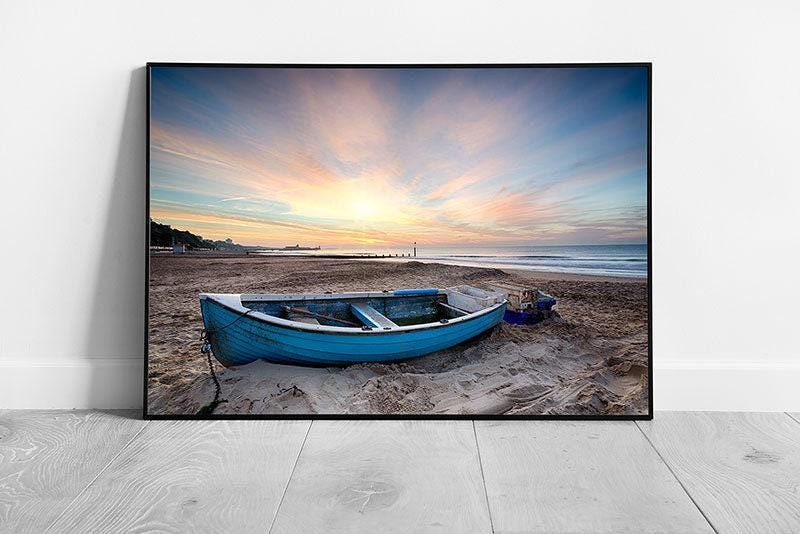 Sunrise Fishing Boat at Bournemouth Beach English Coastline Wall Art Ready to Hang