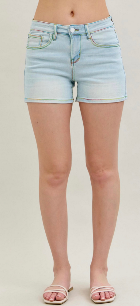 Judy Blue Women's Mid Rise Light Wash Rainbow Thread Shorts Medium