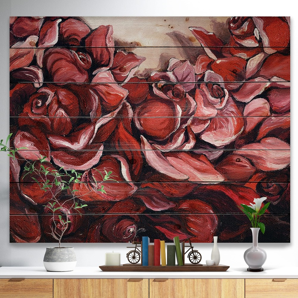 Designart 'Red Roses Petal Artwork' Nautical & Coastal Wood