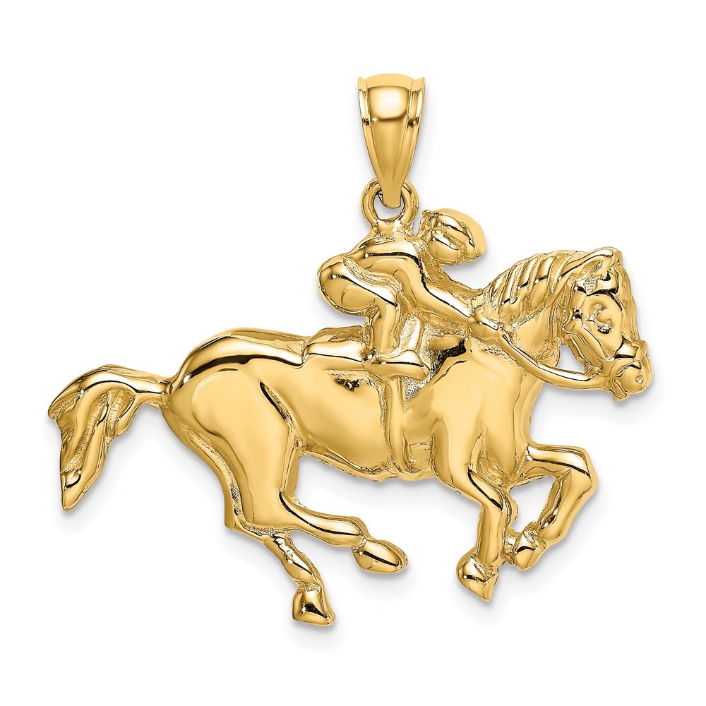 14k Yellow Gold Jockey on Horse Charm Pendant L-1.2 Inch, W-1.32 Inch
