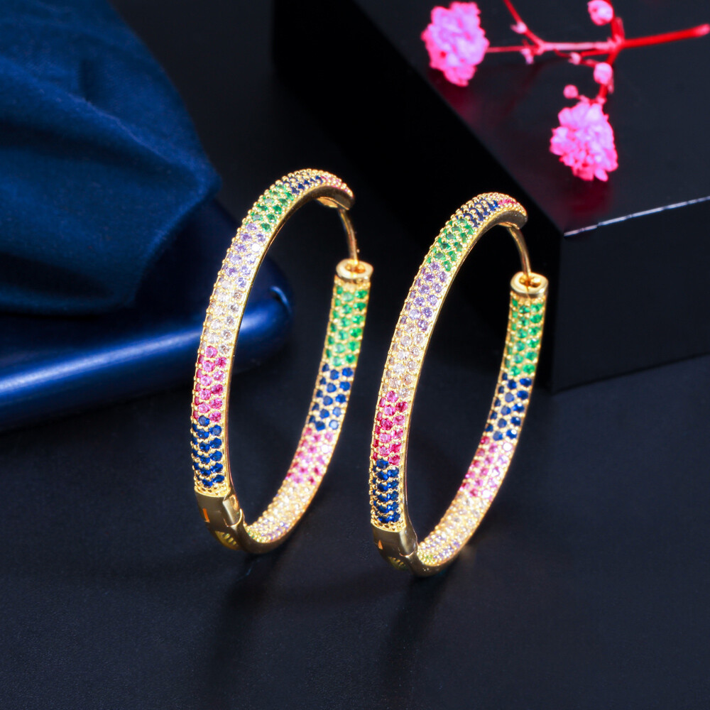 Multicolor Gold Plated CZ Round Hoop Earrings for Women Luxury Fashion
