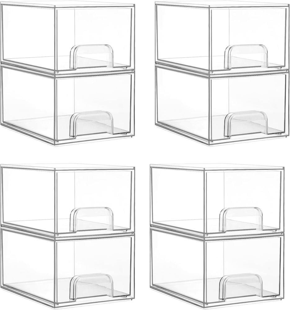 8-Pack Clear Stackable Acrylic Drawers for Bathroom Vanity or Kitchen Storage Organizer
