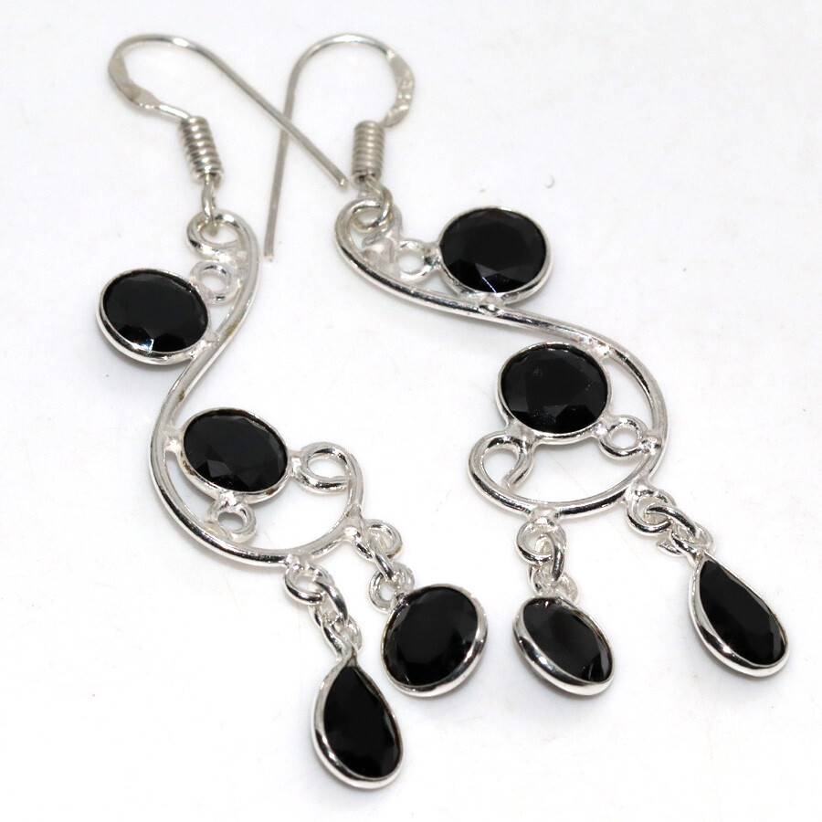 925 Silver Plated Black Onyx Faceted Long Earrings Jewelry Size 2.3