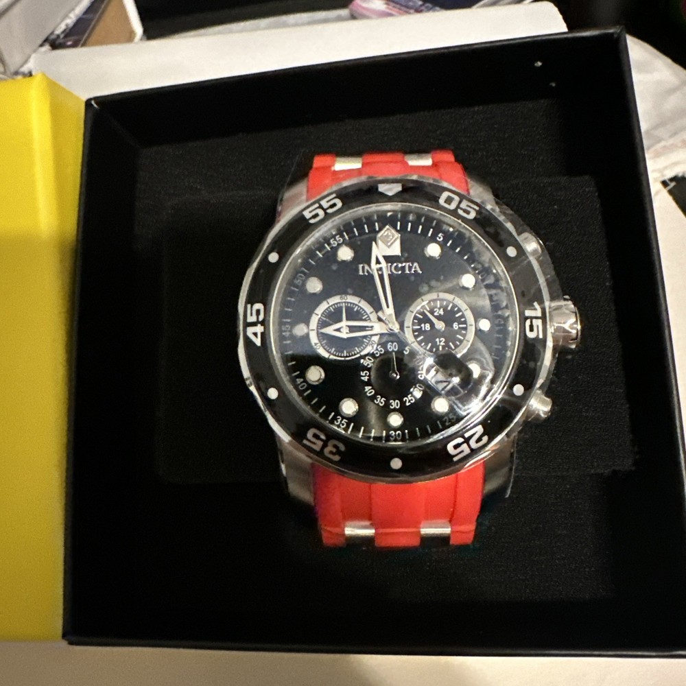 🔥New Invicta Pro Diver 48mm Chrono Black Dial Silver RED Band Men’s Watch 49829