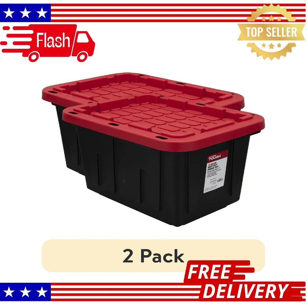 Hyper Tough 12-Gallon Storage Bins with Black/Red Lids, 2-Pack
