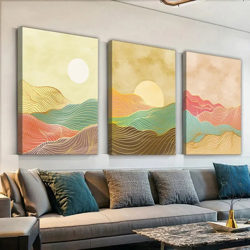 3pcs  Sun And Moon Sea Painting Boho Wall Canvas Unframed