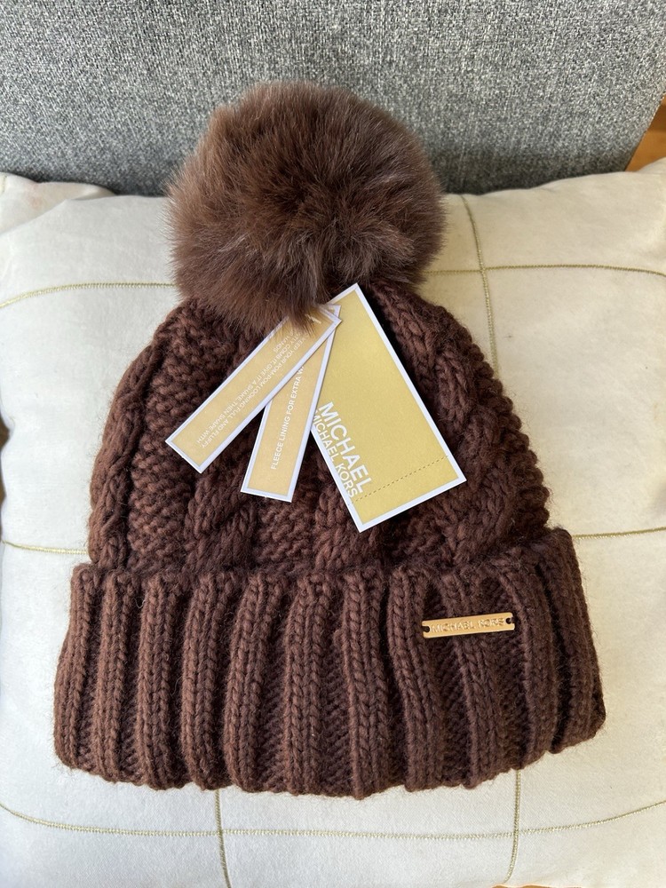 New! Michael Kors Cable Knit Pom Fleece Lined Beanie Hat Brown Womens, MSRP $68