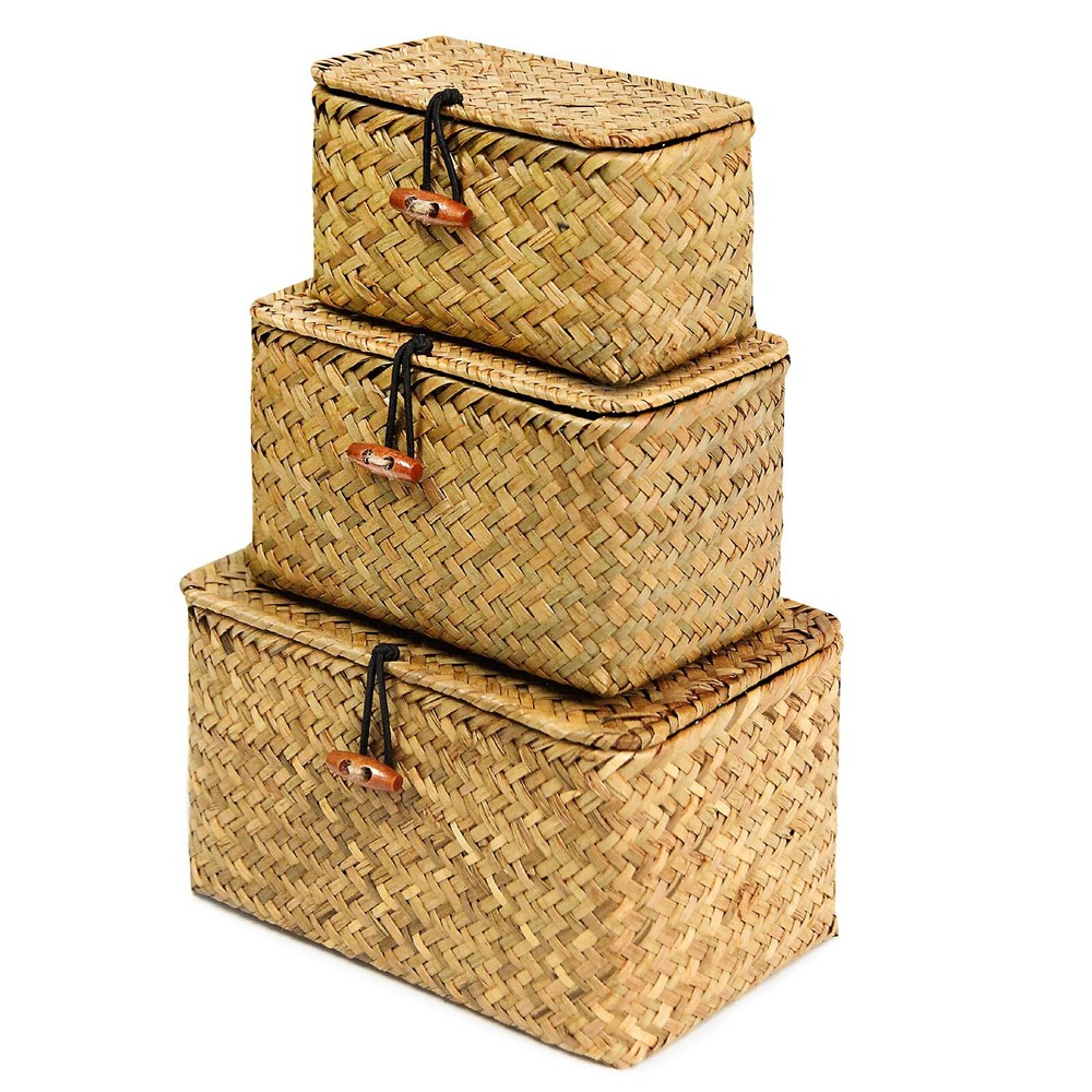 Shelf Baskets with Lid Set of 3 Handwoven Seagrass Storage Box Wicker Basket ...