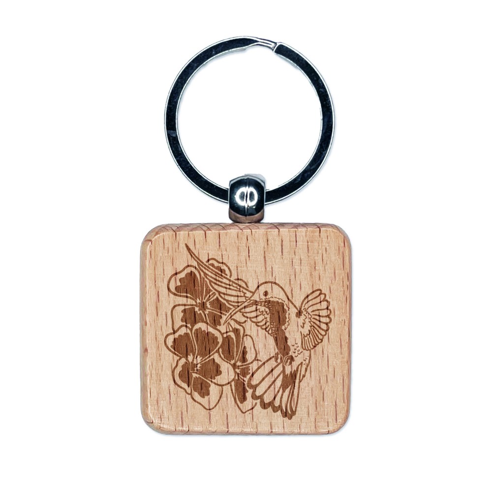 Hummingbird Hovering Over Flowers Engraved Wood Square Keychain Tag Charm