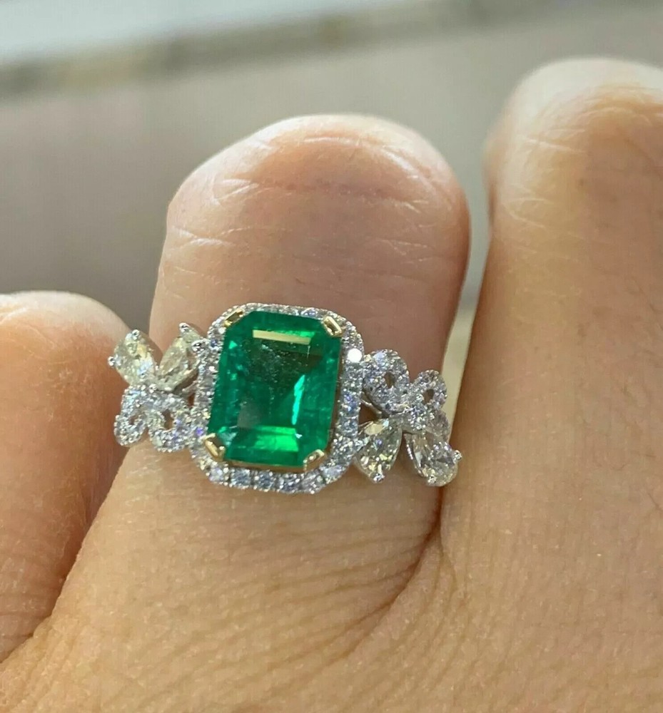 3.00 Ct Emerald Cut Natural Emerald & Diamond Wedding Ring 14K White Gold Solid