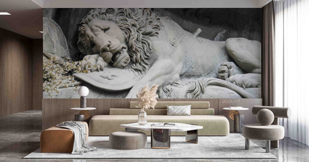 3D Grey Cement Lion Sculpture Wall Murals Wallpaper Murals Wall Sticker