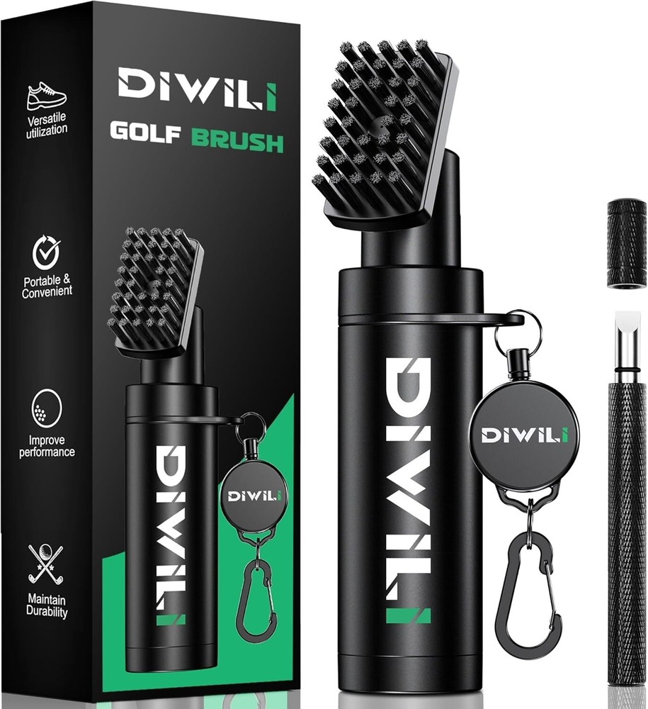 Pro Golf Club Cleaner Brush Set with Retractable Clip and 5 Oz Bottle  