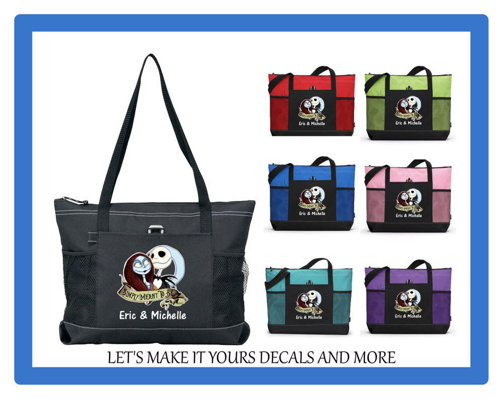 JACK AND SALLY WITH NAMES CUSTOM TOTE PURSE TRAVEL SPORTS GYM SCHOOL BAG ZIPS