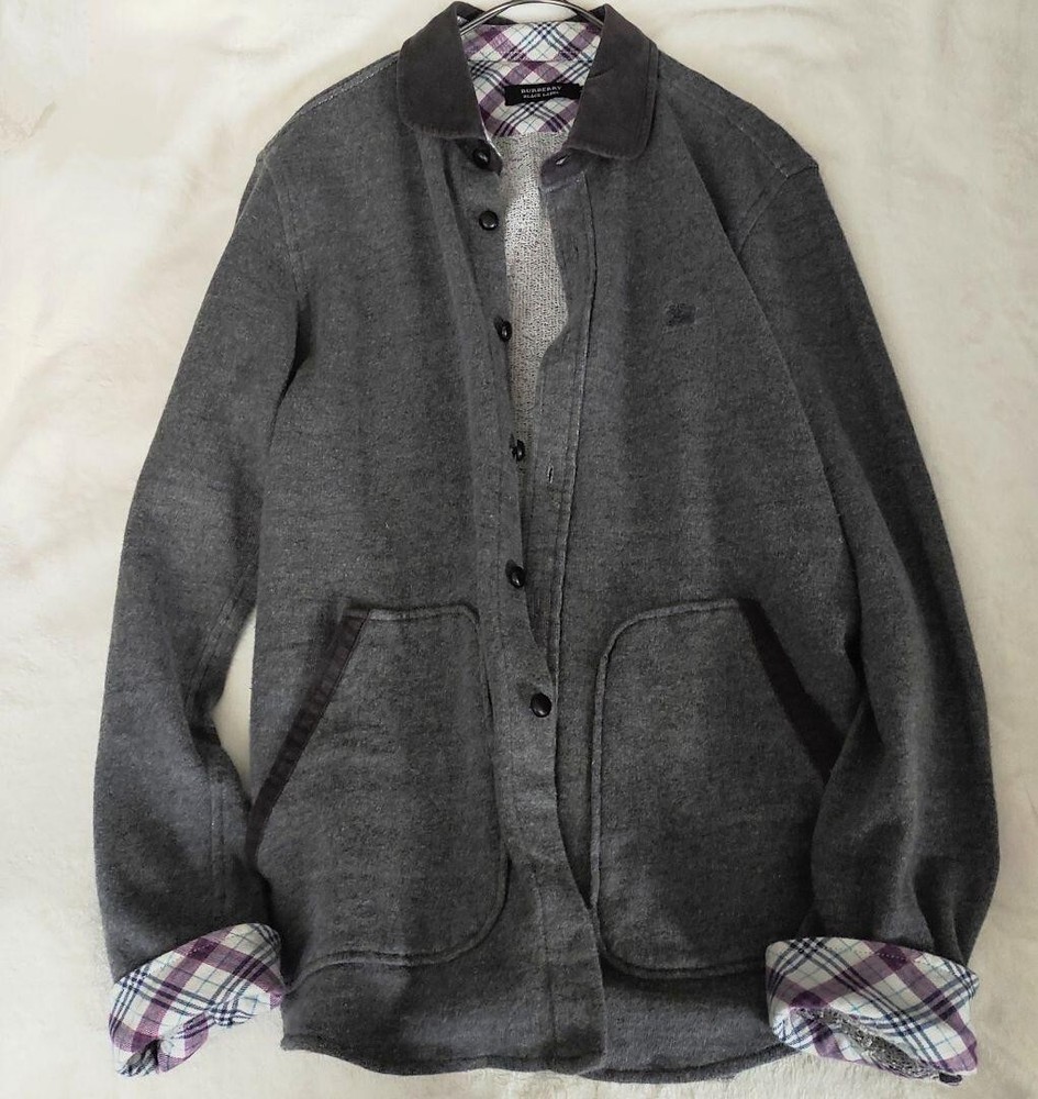 Burberry Black Label Shirt Jacket Cotton Gray Check Men Size 2 Used NO Button