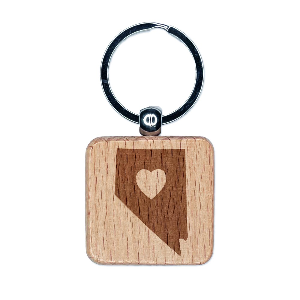 Nevada State with Heart Engraved Wood Square Keychain Tag Charm