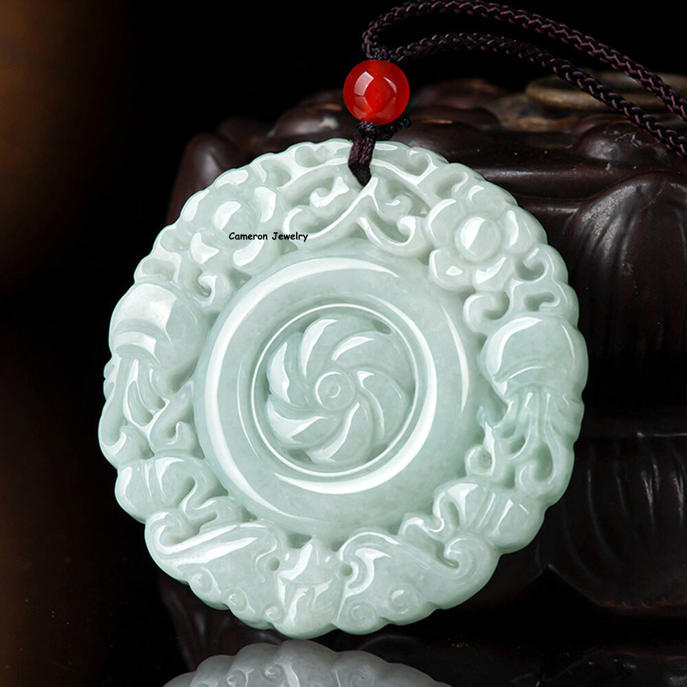 Real Grade A Natural White Green Jade Jadeite Lucky Rich Flower Circle Pendant