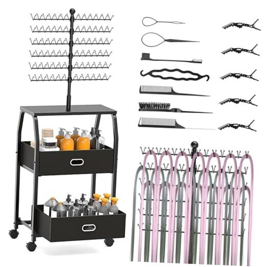 Portable Braiding Hair Rack With Wheels & Storage Drawers,168 Pegs Hair